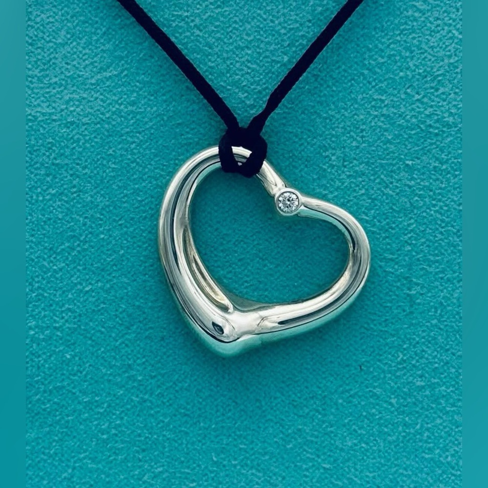 Tiffany & Co. Silver Heart Diamond Necklace 27mm Peretti Silk Cord